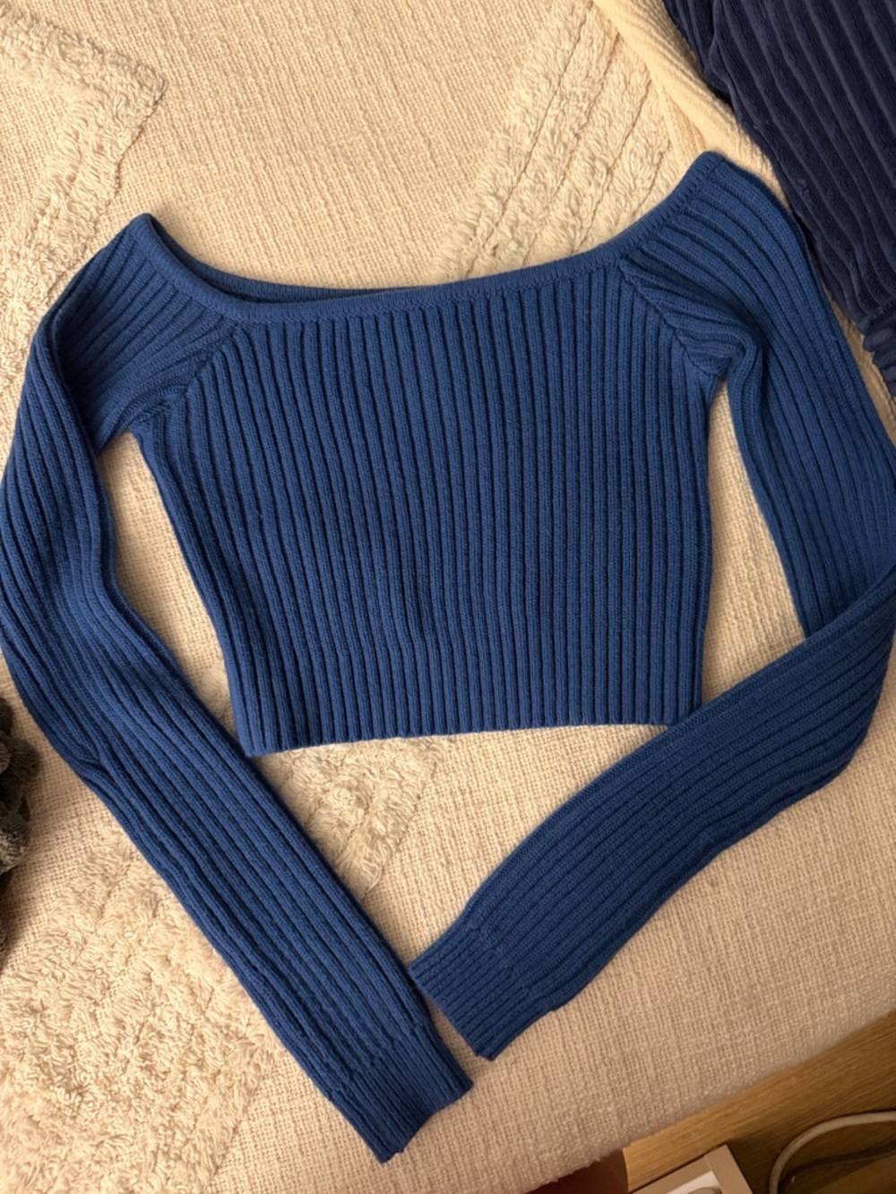 For Love & Lemons Deep Blue Ribbed Off-the-Shoulder Cropped Sweater